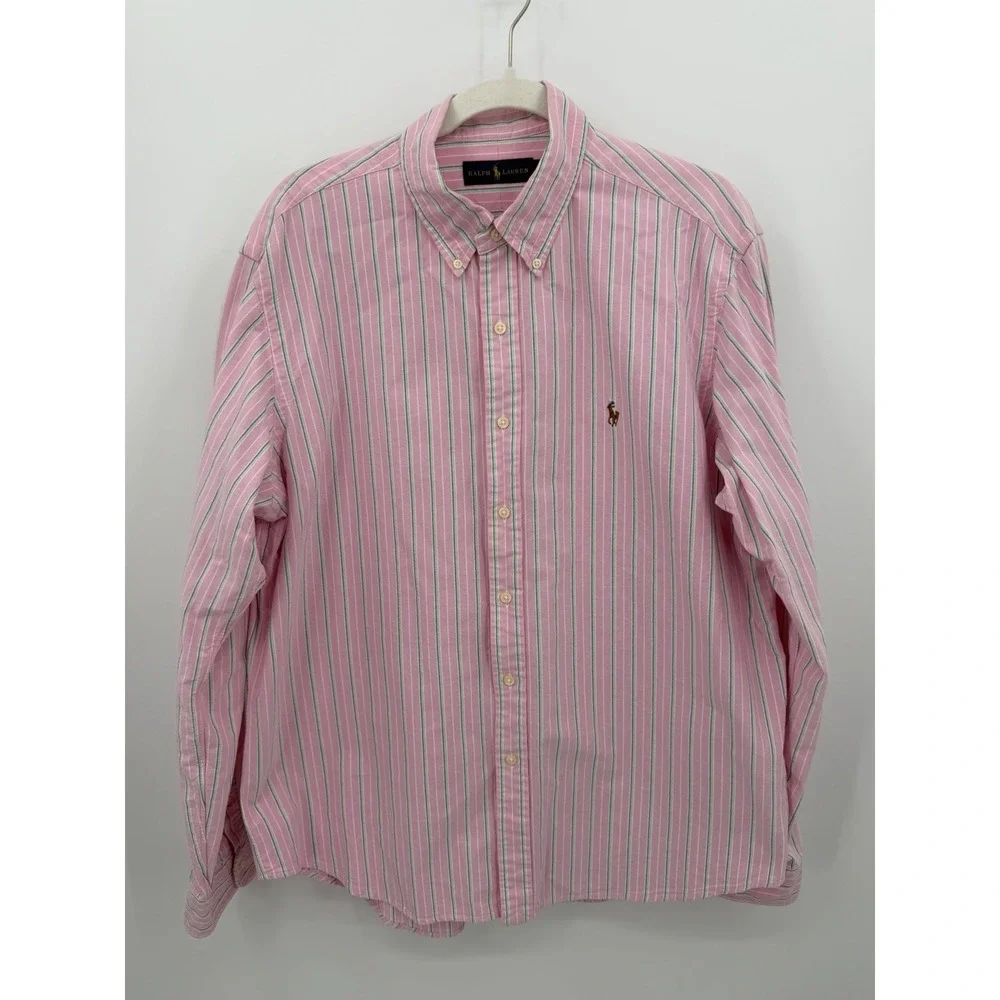 Ralph Lauren Polo Men's XL Pink Striped Oxford Shirt Flesh Pony VINTAGE Y2K